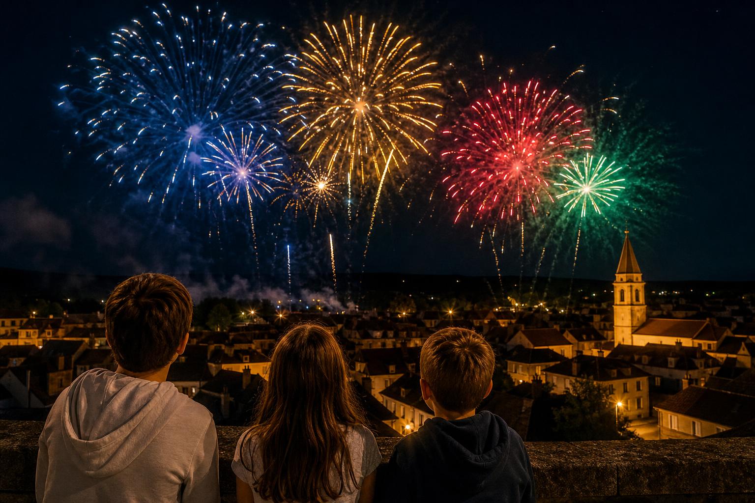 Des enfants vus de dos regardent un feu d’artifice bleu, jaune, rouge et vert au-dessus des toits d’une ville la nuit.