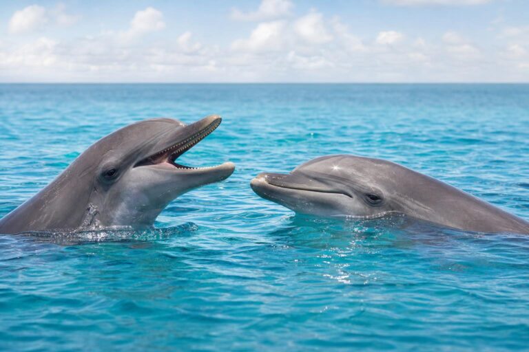 Deux grands dauphins gris côte à côte à la surface d’une mer turquoise, l’un la tête hors de l’eau, l’autre tourné vers lui.