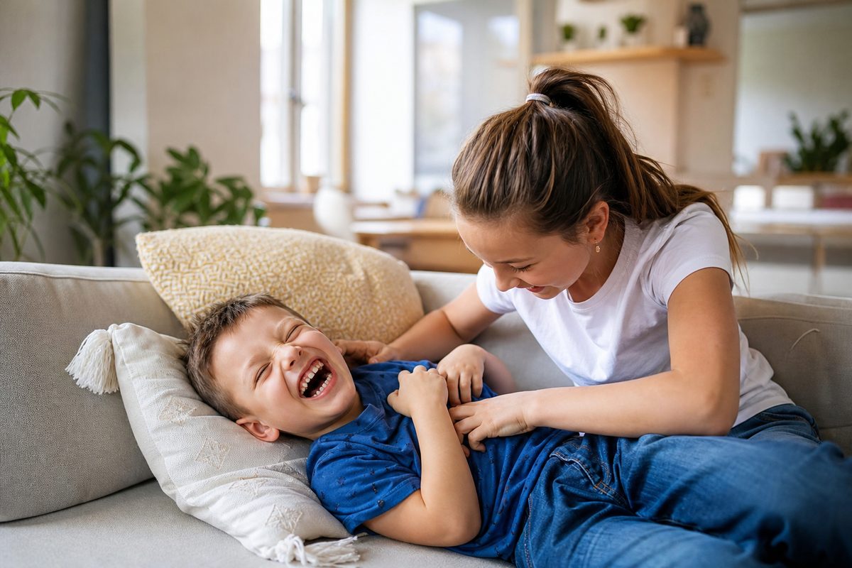 Garçon qui rit aux éclats pendant que sa sœur le chatouille