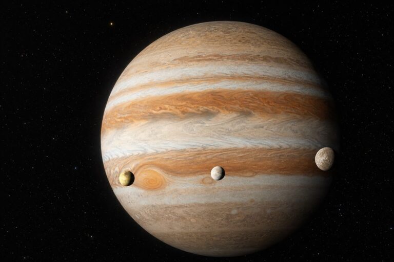 La planète Jupiter et trois de ses lunes