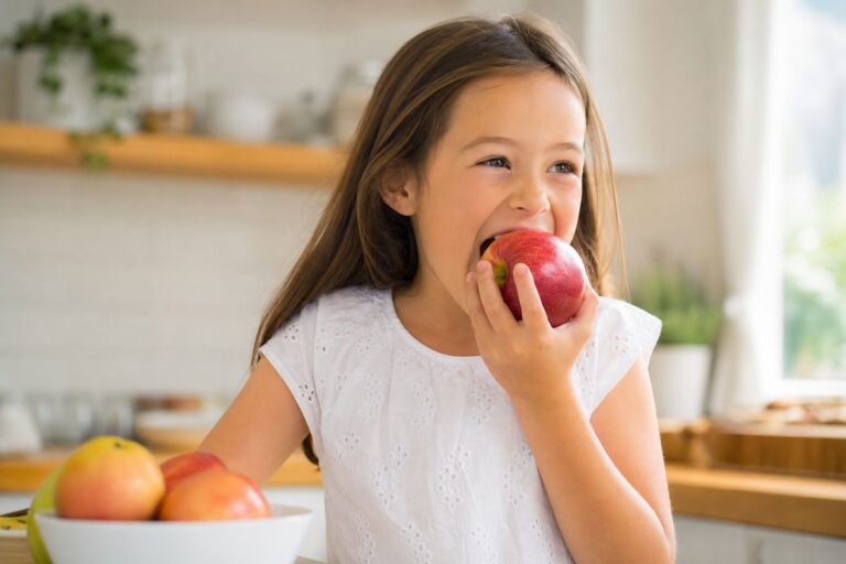 Fillette qui croque dans une pomme rouge