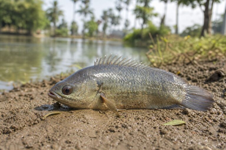 Perche grimpeuse hors de l’eau au bord d’une mare