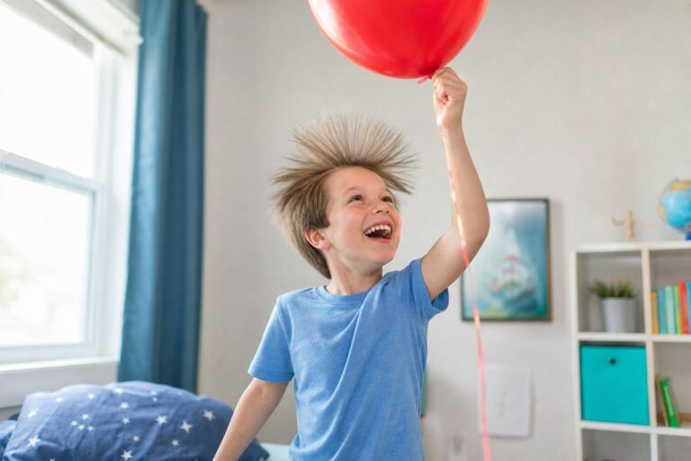 Garçon aux cheveux dressés par un ballon de baudruche rouge