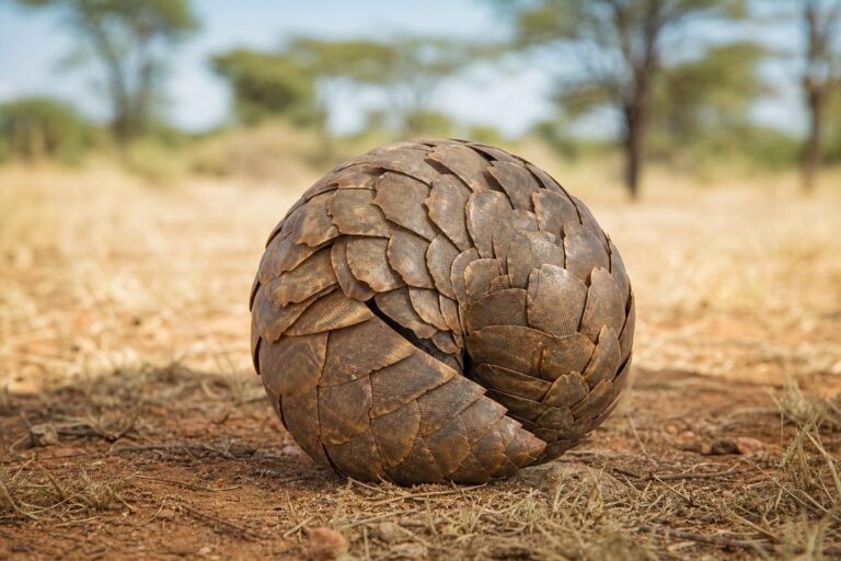 Pangolin roulé en boule dans la savane, ses écailles refermées comme une armure