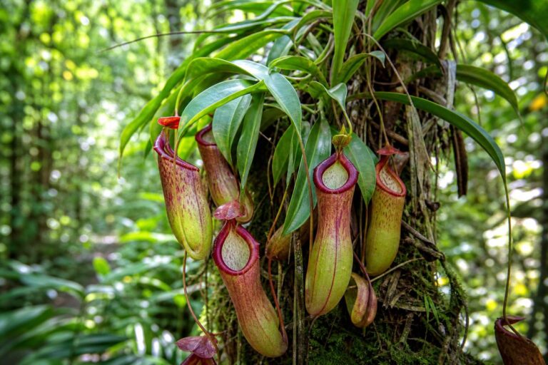 Grande plante carnivore aux urnes vertes et rouges dans la forêt tropicale