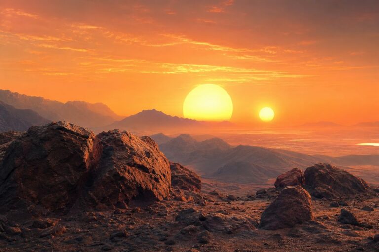 Deux soleils qui se couchent côte à côte vus depuis une planète rocheuse