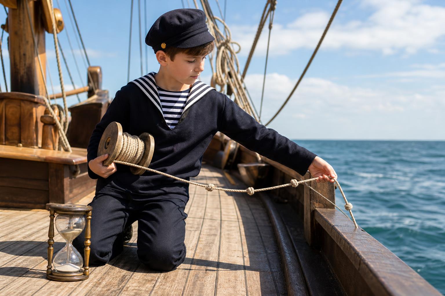 Un enfant sur le pont d’un vieux voilier laisse filer dans la mer une corde à nœuds, à côté d’un sablier.