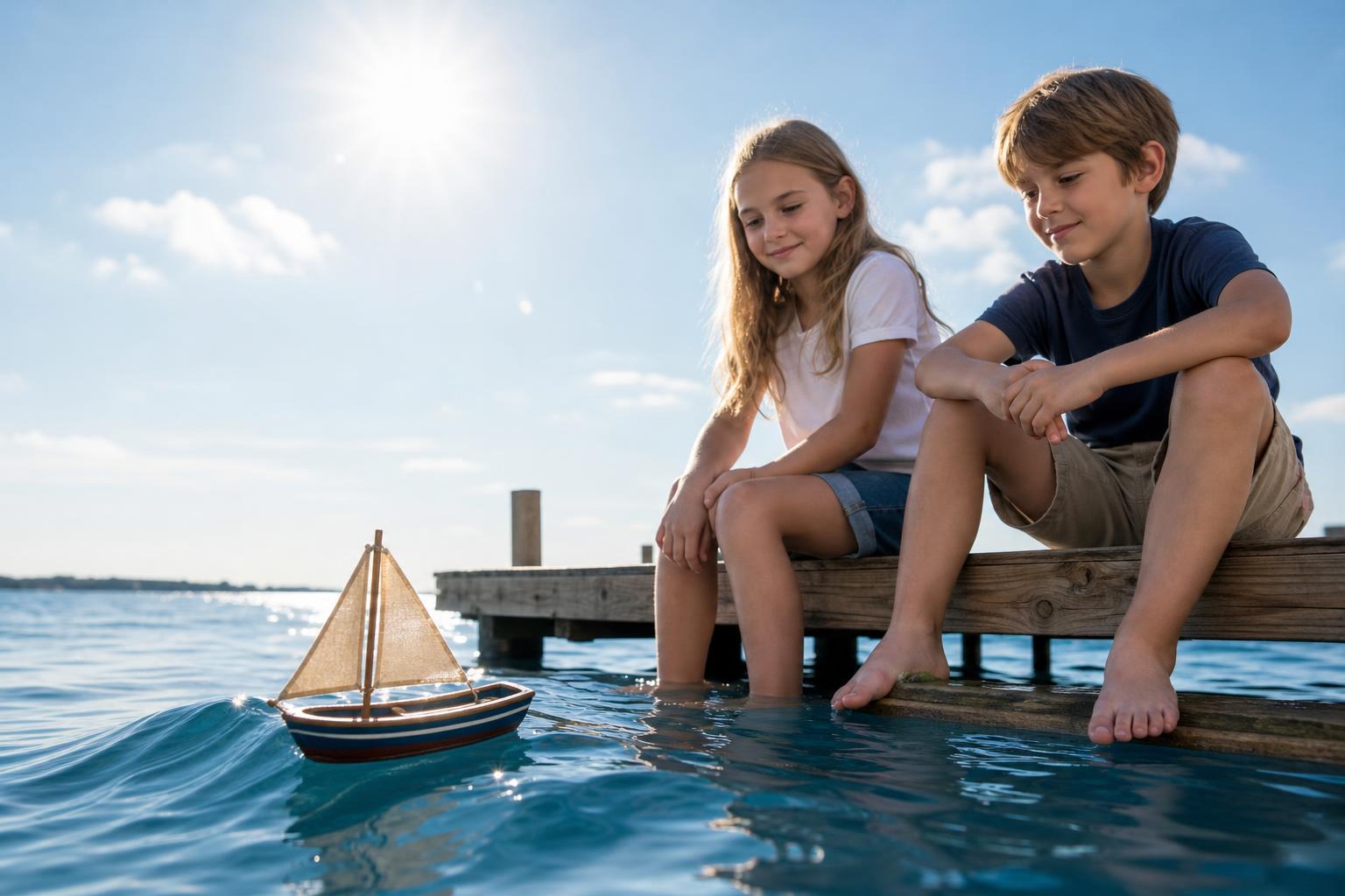 Un petit bateau en bois flotte sur une douce vague bleue, observé par des enfants assis sur un ponton.